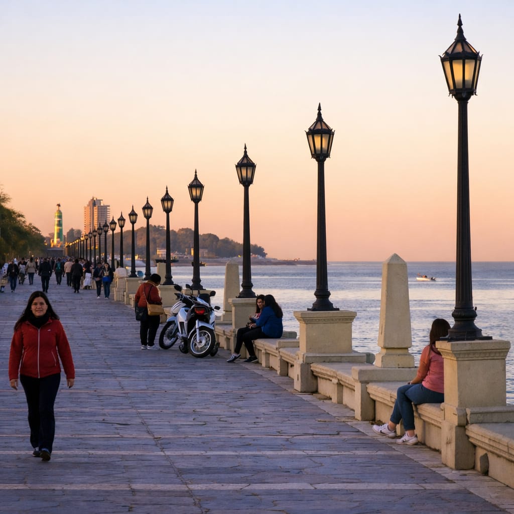 Personas en costanera frente a la laguna Setúbal. Santa Fe, Argentina