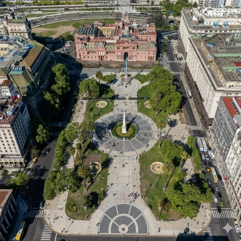 Vista aérea de Plaza de Mayo en Buenos Aires, Argentina. Al fondo la Casa Rosada. La Plaza de Mayo, corazón histórico y político de Buenos Aires, está rodeada por edificios emblemáticos como la Casa Rosada (sede del gobierno), el Cabildo, la Catedral Metropolitana, el Banco de la Nación Argentina y el antiguo Palacio Municipal (sede del Gobierno de la Ciudad)