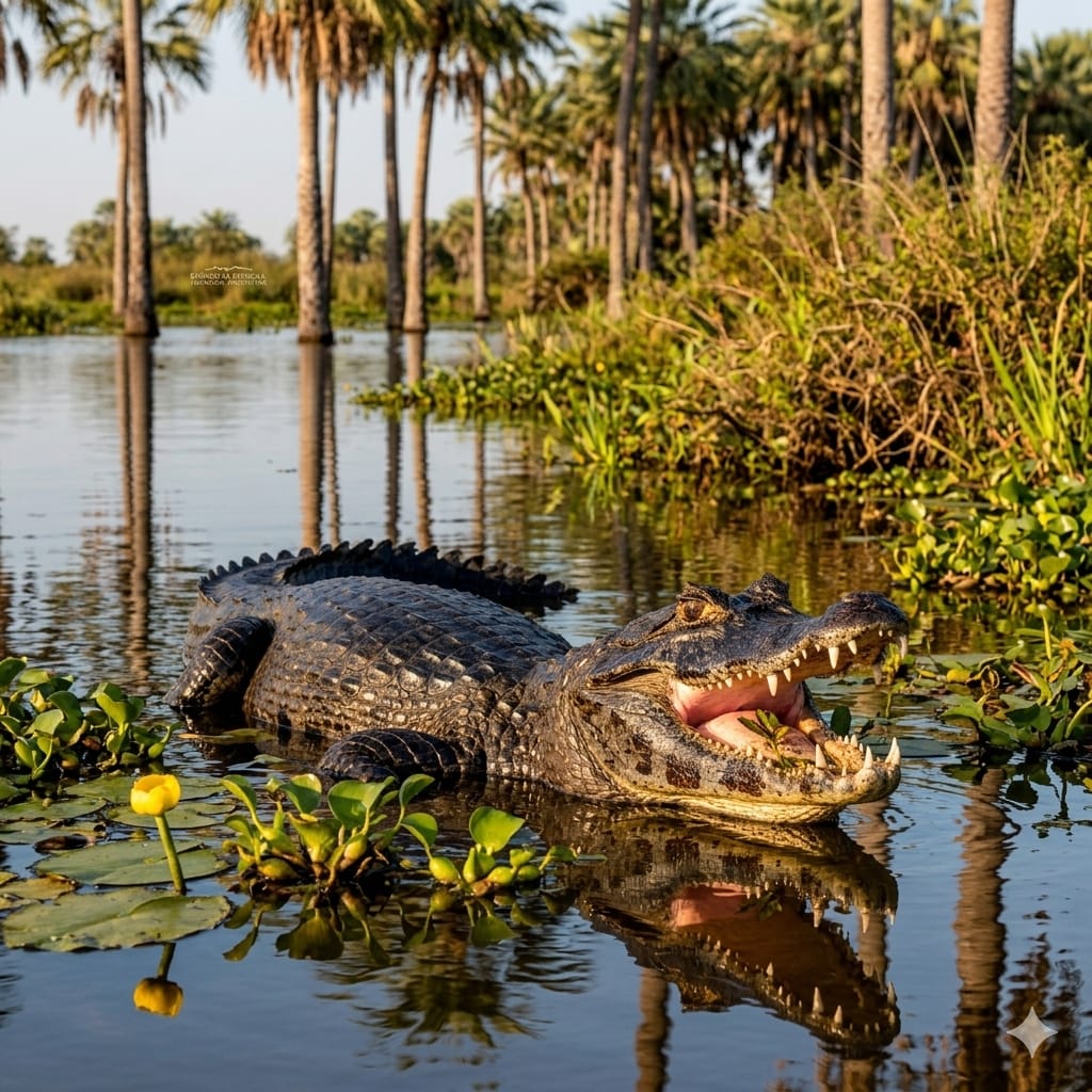 Yacaré negro en Bañado La Estrella, Formosa, Argentina. Primer plano de un yacaré negro con la boca abierta, mostrando sus dientes y lengua rosada, en el agua tranquila del Bañado La Estrella, Formosa, Argentina. Está rodeado de camalotes y una flor amarilla, con un reflejo en el agua y vegetación densa al fondo al atardecer.
