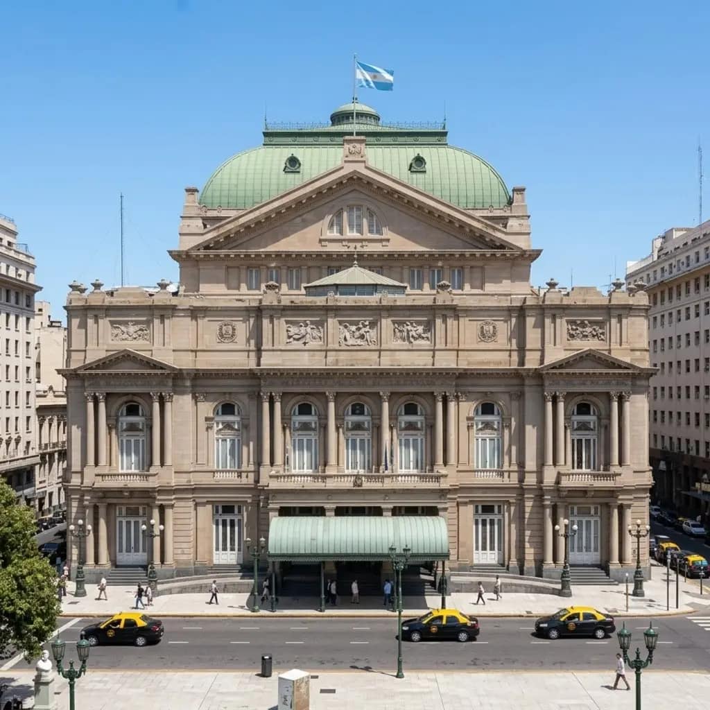 Teatro Colón. Buenos Aires, Argentina. Fachada monumental del Teatro Colón en Buenos Aires, Argentina, con su arquitectura ecléctica clásica y cúpula, ubicada frente a la Plaza Lavalle