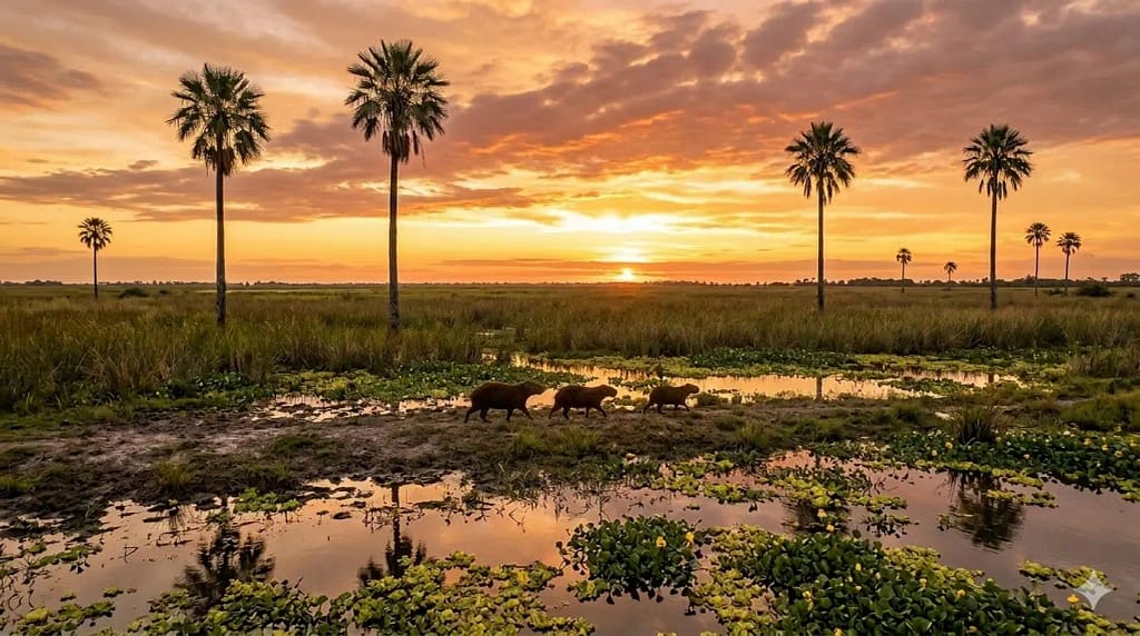 Fauna de Formosa: Carpinchos en su hábitat natural
Tres carpinchos caminando en fila por un sendero del humedal frente a un atardecer naranja con palmeras.