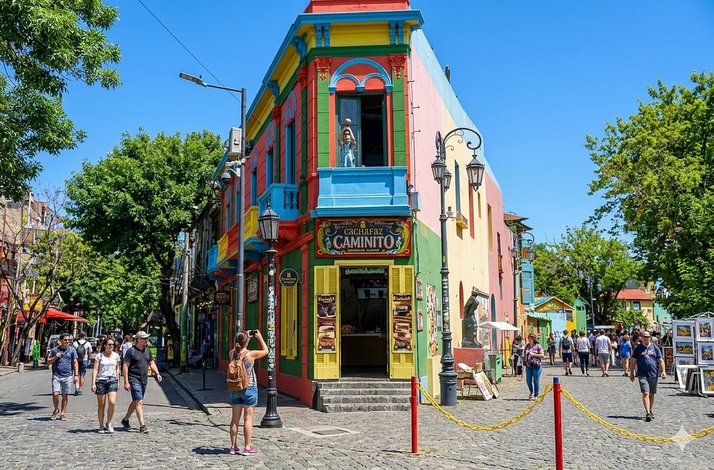 Turistas caminando por Caminito, paseo peatonal y museo a cielo abierto de 150 metros situado en el barrio de La Boca en Buenos Aires, Argentina