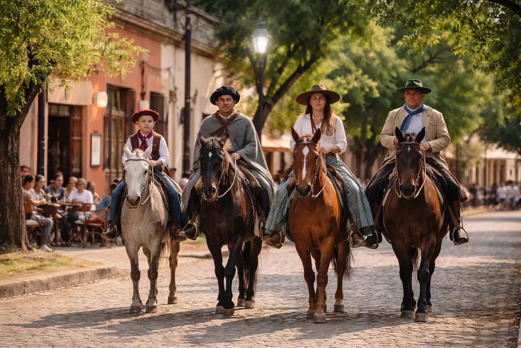 Cuatro gauchos cabalgando, con ropa tradicional, durante la Fiesta de la Tradición en San Antonio de Areco, provincia de Buenos Aires, Argentina.