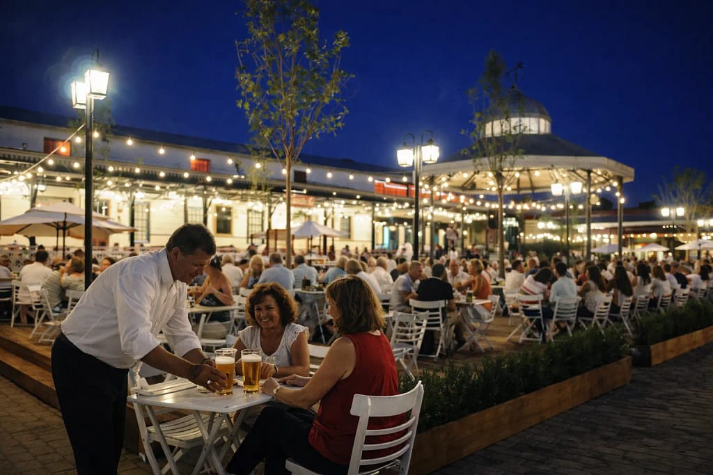 Recreación de personas tomando lisos en un patio cervecero de Santa Fe, Argentina.