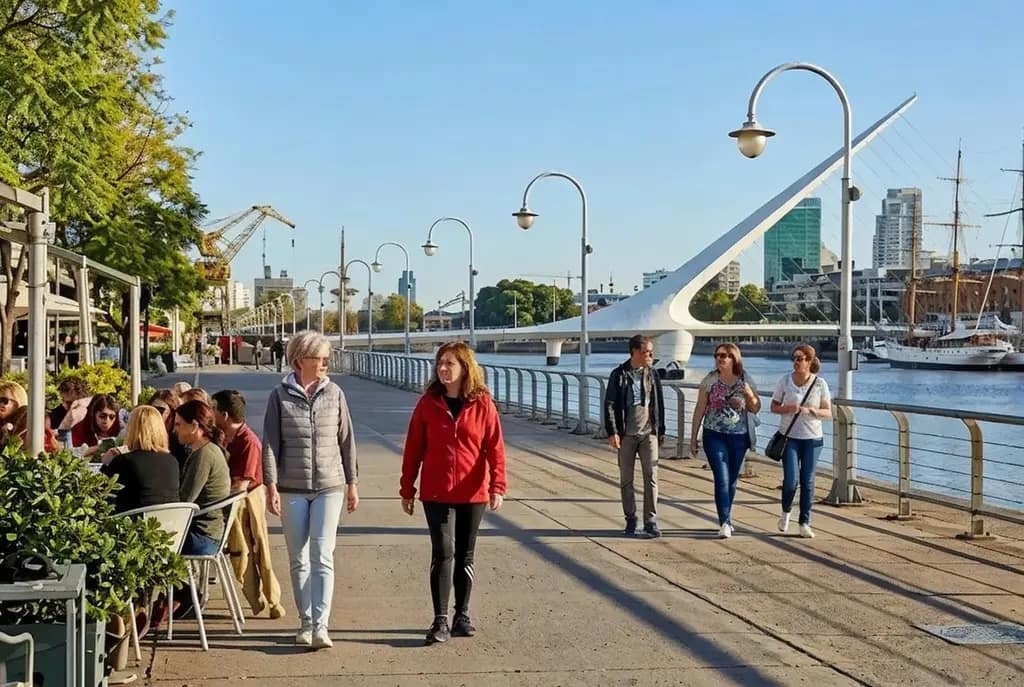 Turistas caminando a un lado los diques del rio en Puerto Madeo, Buenos Aires, Argentina
