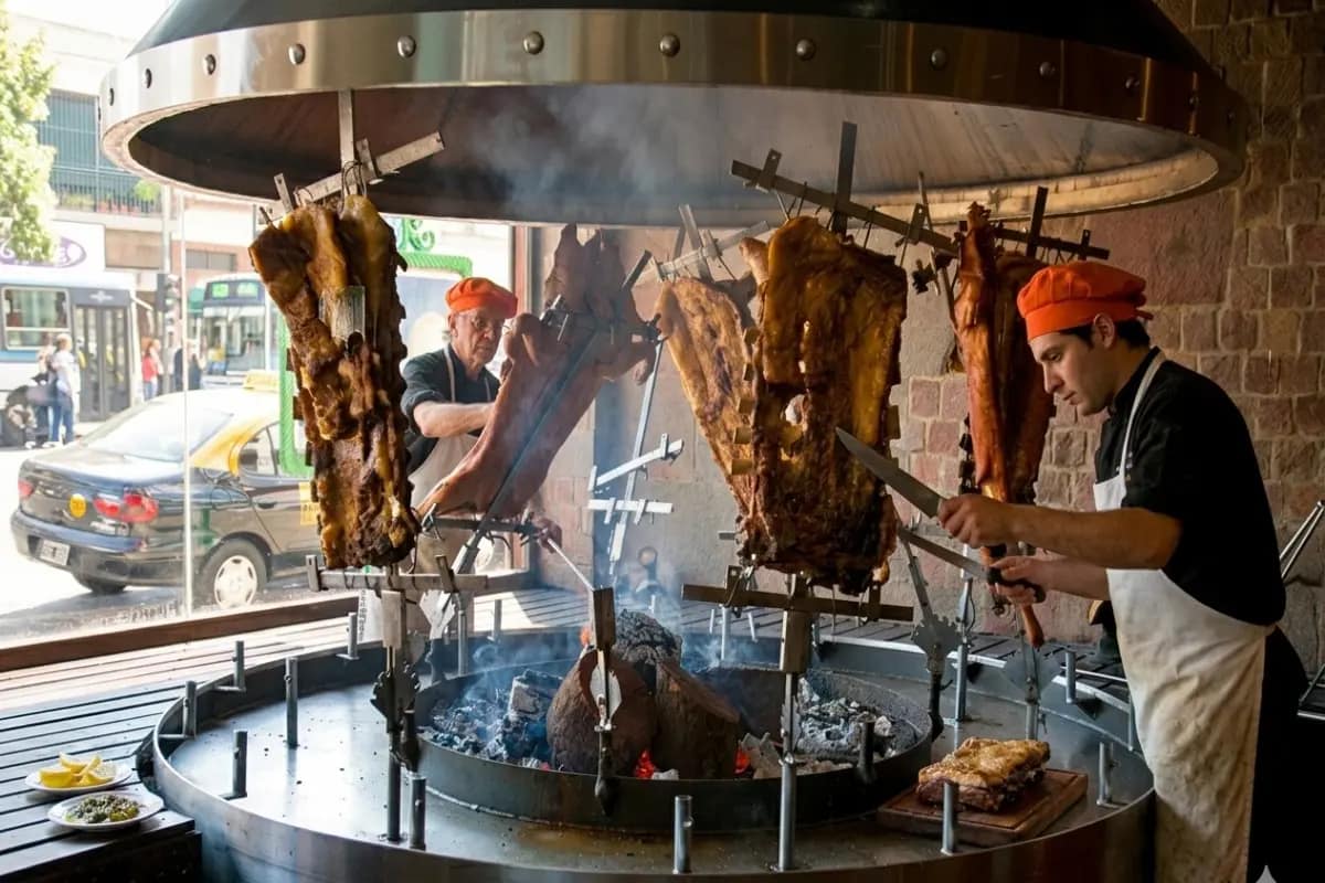 Asadores preparando asado en restaurant de la ciudad de Buenos Aires, Argentina La gastronomía de la Ciudad de Buenos Aires es una vibrante mezcla de tradiciones criollas e influencia italiana/española, destacándose por sus parrillas de carne vacuna, bodegones clásicos y el famoso choripán callejero. Platos como la milanesa, empanadas, locro y pizza porteña son fundamentales, acompañados por la cultura del vermut y el café