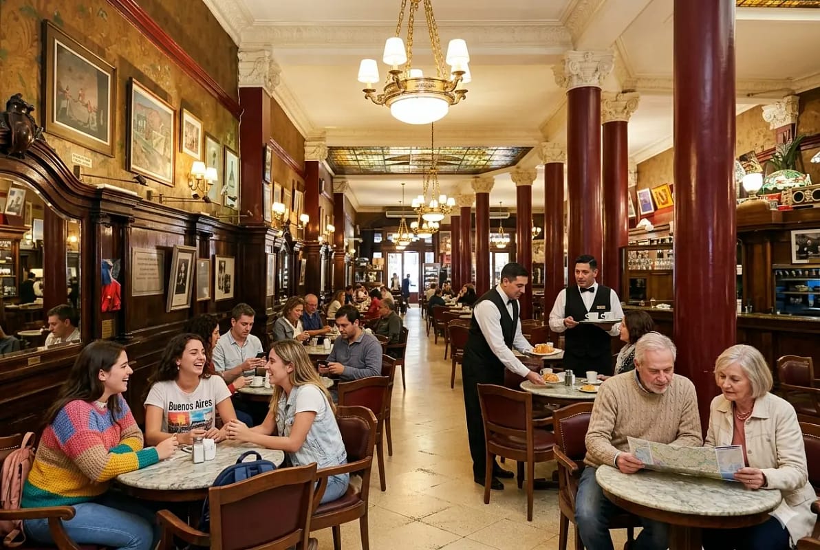 Turistas disfrutando en el histórico y elegante Café Tortoni en Buenos Aires. Turistas conversando y tomando café dentro del histórico y elegante Café Tortoni en Buenos Aires, con detalles de madera y arquitectura clásica de fondo.