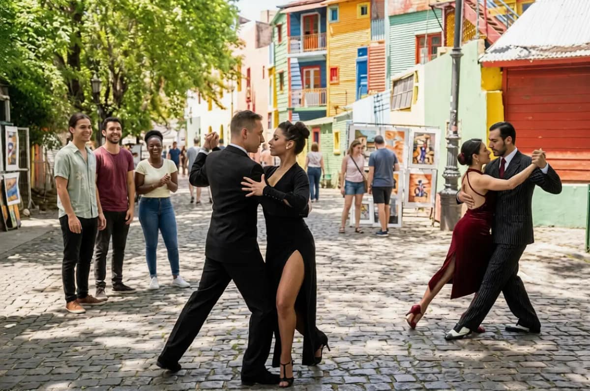 Show de tango en Caminito, Barrio La Boca, Buenos Aires, Argentina. Parejas bailando tango en un calle empedrada del Barrio La Boca, Buenos Aires, Argentina