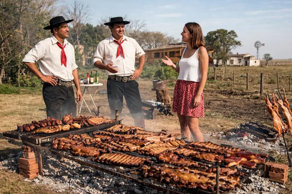 Turista conversando con asadores durante parrilla en la pampa de Buenos Aires, Argentina. Primer plano de un asado tradicional argentino con diversos cortes de carne sobre una parrilla de leña.