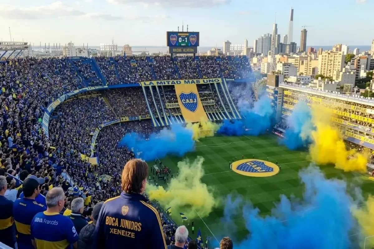 La Bombonera: Pasión y Fiesta de Boca en Buenos Aires Una fotografía de gran angular y ultrarrealista de un partido de fútbol en La Bombonera, Buenos Aires. La tribuna popular a la izquierda está llena, con una gran bandera y tirantes azules y amarillos cayendo desde arriba. Humo denso de los mismos colores inunda el campo y la ciudad al fondo.