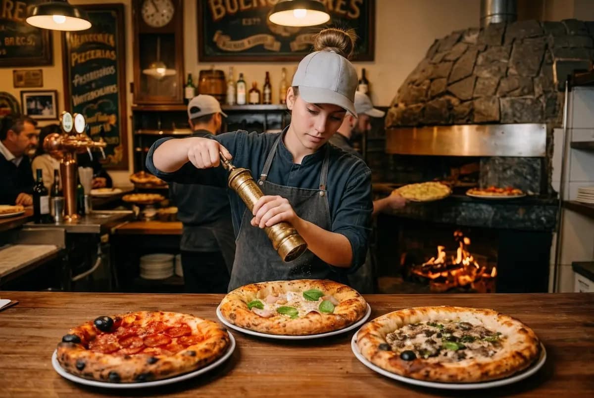 Famosas pizzas en la ciudad de Buenos Aires, Argentina Primer plano de Pizzero dando un toque final a las famosas pizzas locales, tradicionales en toda la Región Buenos Aires.
