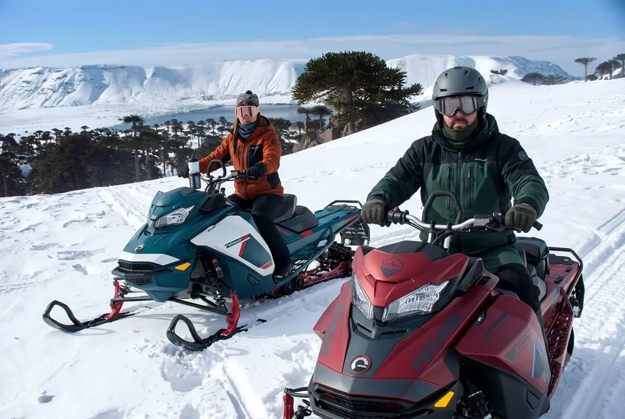 Travesías en motos de nieve cerca de la Laguna Escondida en Caviahue, Neuquén.