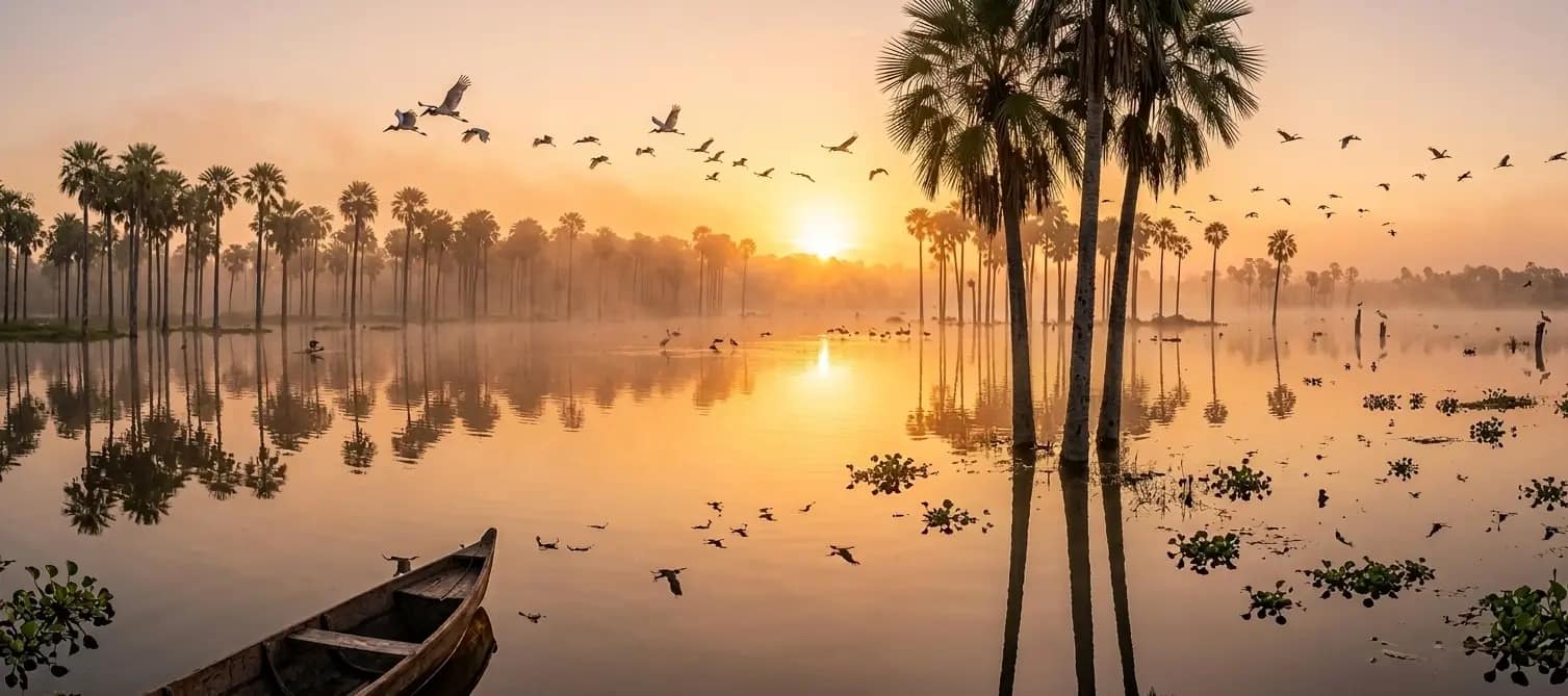 Amanecer en el Bañado La Estrella, Formosa, Argentina.	Paisaje panorámico del Bañado de la Estrella con palmeras caranday bajo la luz dorada del amanecer y neblina.