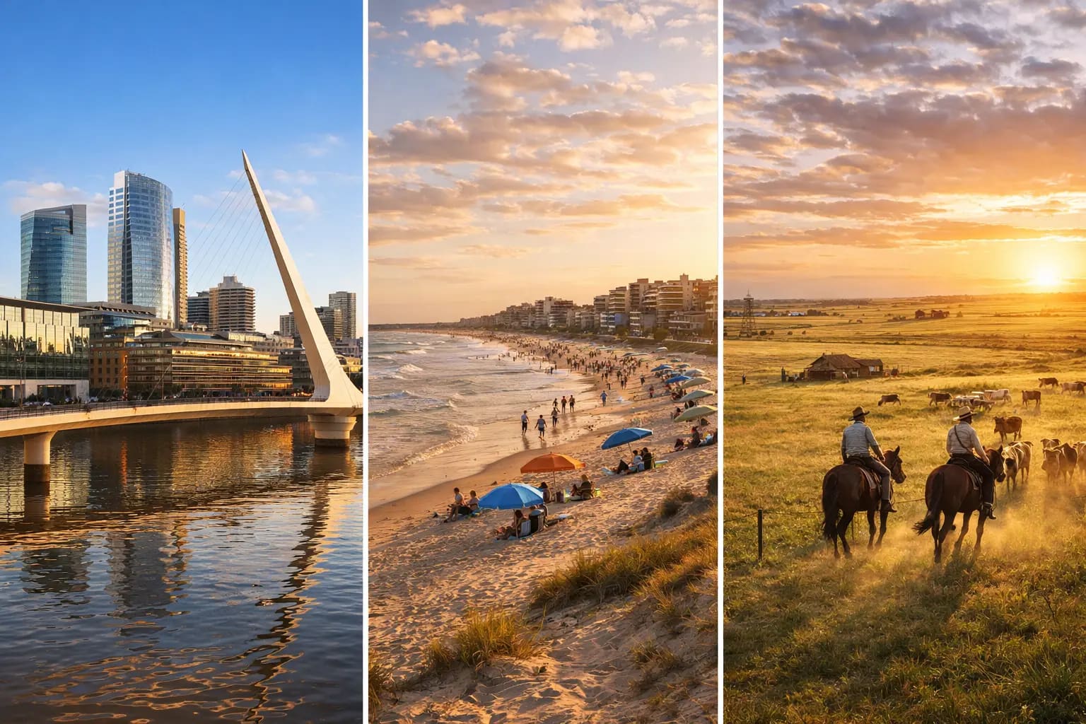 Vista panorámica compuesta de la Región Buenos Aires. Se aprecia  el puente de la Mujer en Puerto Madero, Ciudad de Buenos Aires, playa durante el verano en la costa atlántica de la provincia de Buenos Aires y paisaje de la Pampa argentina con  el horizonte al atardecer.