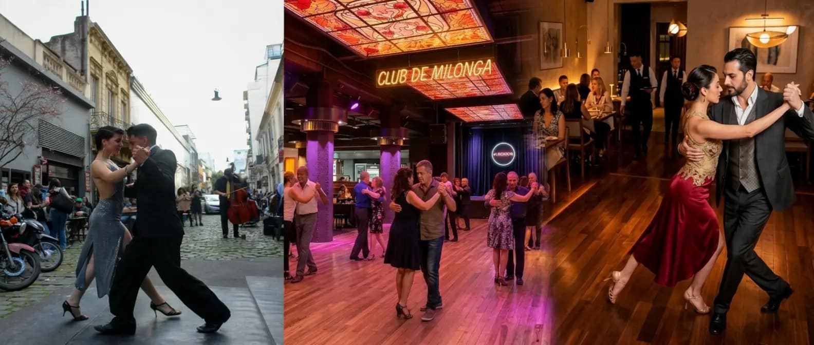 Recreacion de collage. Variedad de experiencias de ver tango. show + milonga + callejero
