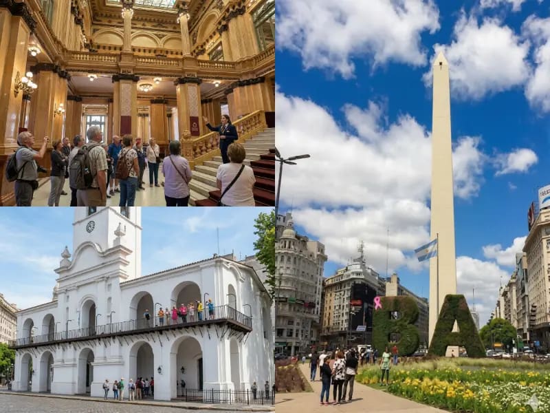 Collage del Centro y casco histórico de Buenos Aires. Obelisco, Museo histórico del Cabildo y el imponente Teatro Colón