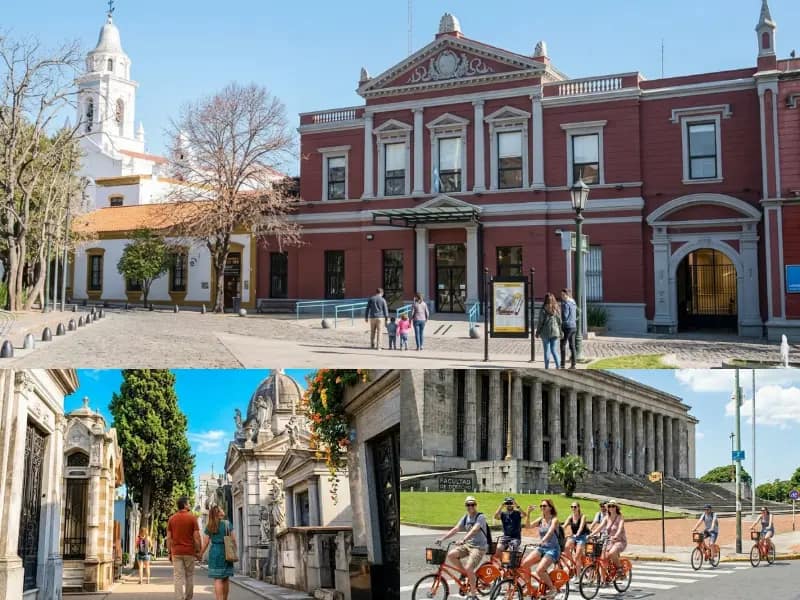 Collage de atracciones turísticas en el Barrio La Recoleta en Buenos Aires. Centro Cultural Recoleta, Cementerio La Recoleta, Tour en Bici frente a la facultad de derecho de la UBA