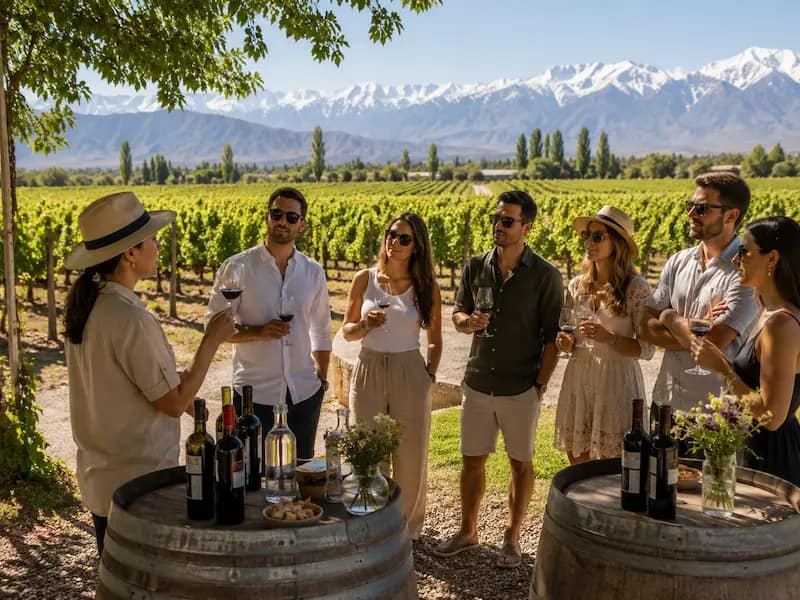 Grupo de turistas disfrutando de una degustación en una bodega clásica de Mendoza, Argentina