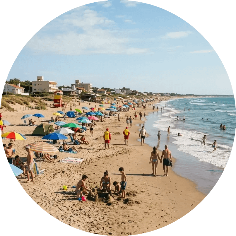 Imagen circular que muestra a personas caminando por la orilla del mar en la costa atlántica de Villa Gesell. Provincia de Buenos Aires, Argentina