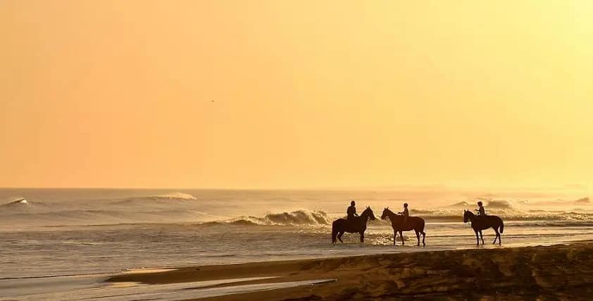 Tres jinetes alineados cabalgando, durante el atardecer, por la orilla de la playa Sur en Miramar, provincia de Buenos Aires, Región Buenos Aires, Argentina.
